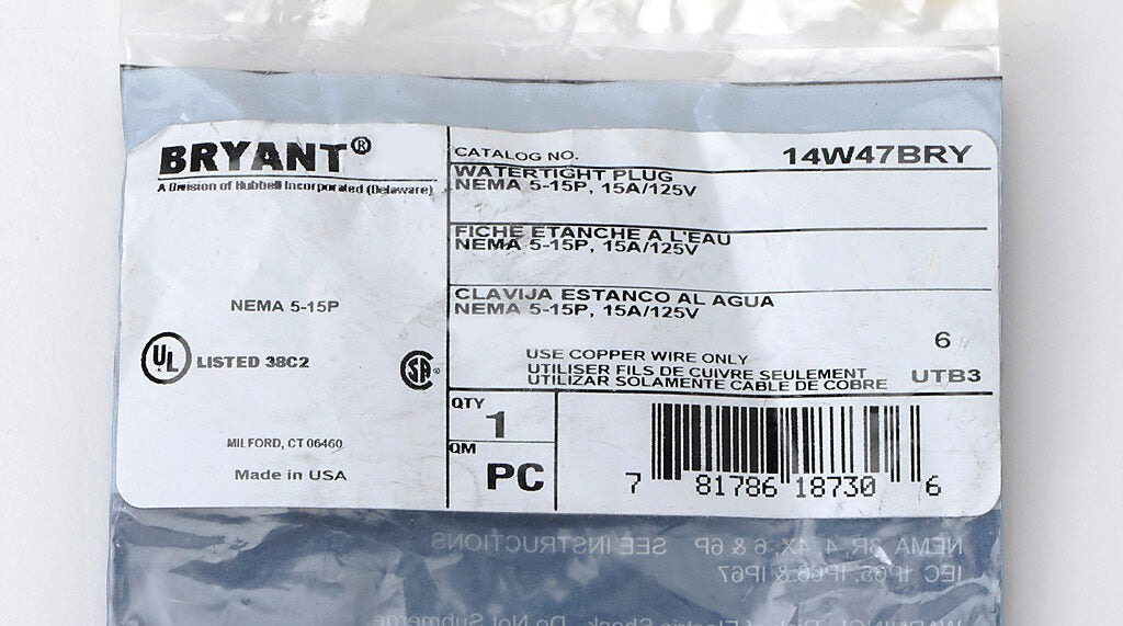 BRYANT 14W47BRY PLUG | 15A 125V POLARIZED WATER TIGHT BRY