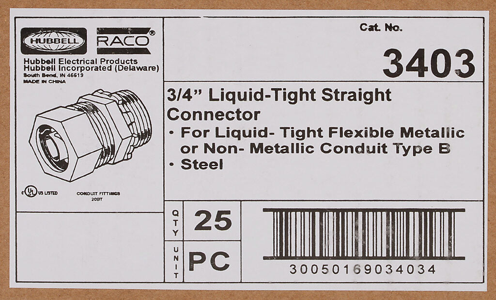 RACO 3403 Liquid-Tite Connector | 3/4 Inch Straight Malleable Iron