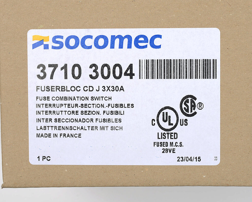 Socomec 37103004 Disconnect Switch | 600V 30A 3P Fusible J Class PLP