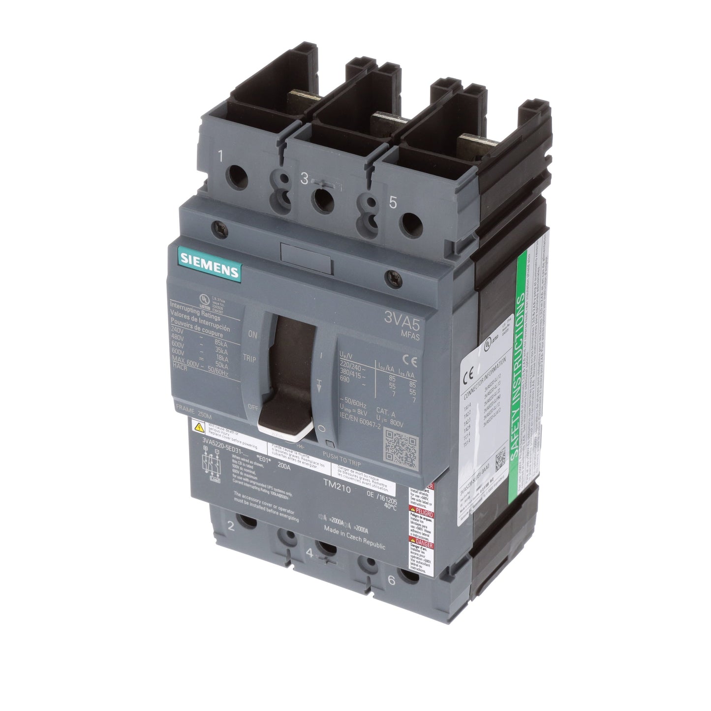 Siemens 3VA52205ED310AA0 Circuit Breaker | 480V Thermal/Magnetic 3VA Series