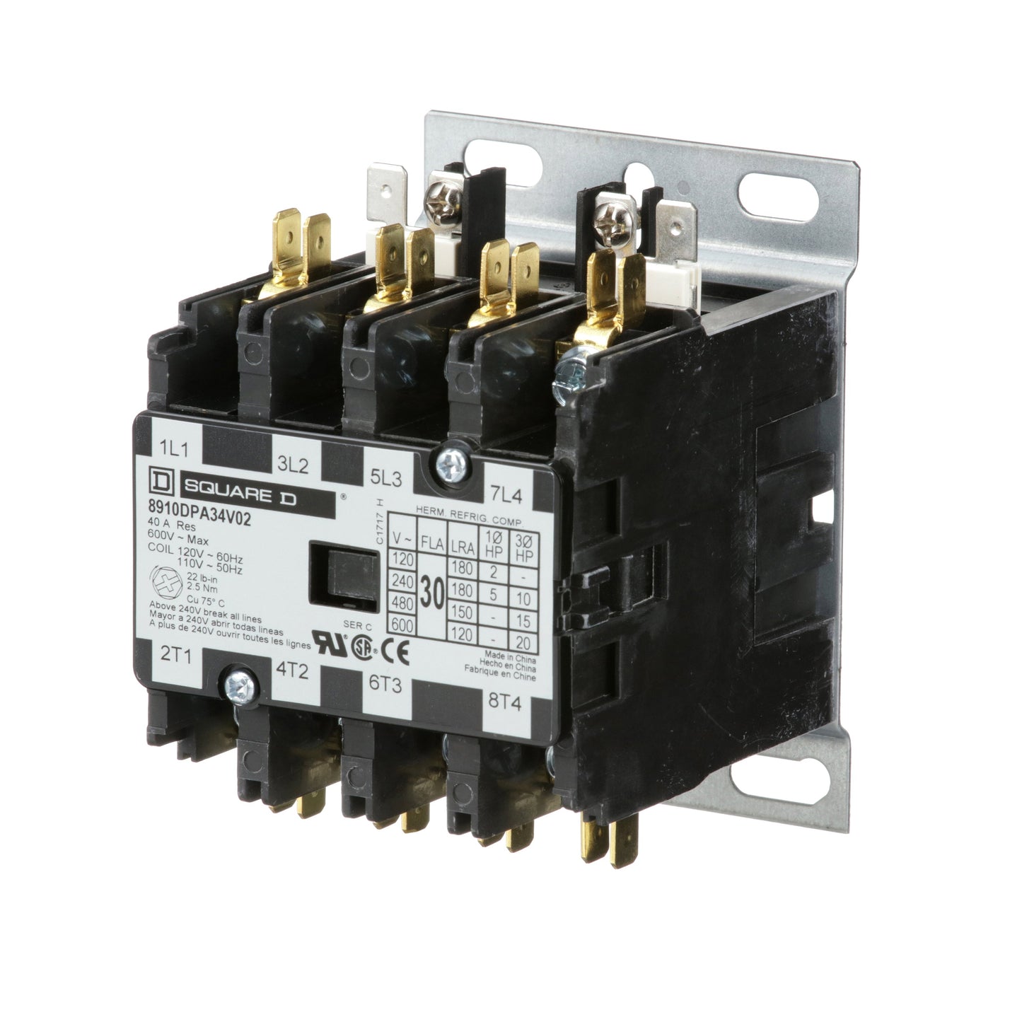 Square D 8910DPA34V02 Contactor 4 Pole 3 Phase 600V 30A 110V Coil Class 8910