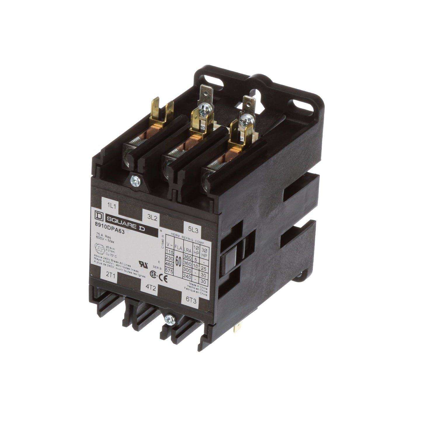 Square D 8910DPA63V14 Contactor 3P 600V 60A 24V Coil Class 8910