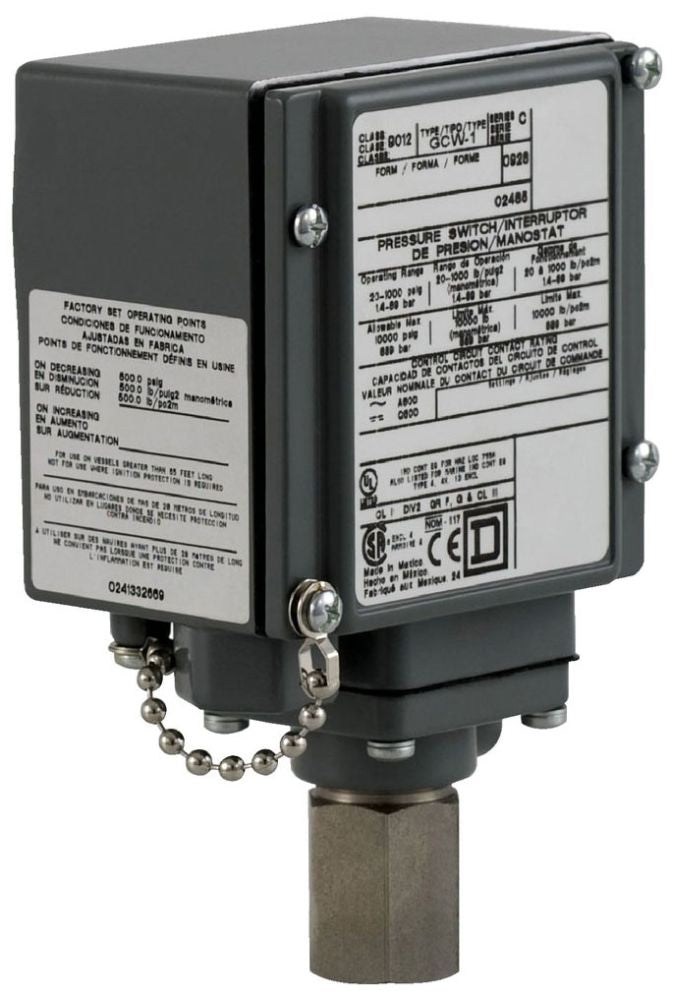 Telemecanique 9012GCW22 Pressure Switch Adjustable 90-2900 PSIG 240VAC 9012G