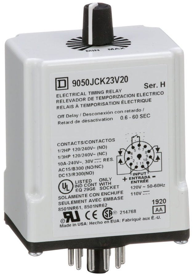 Square D 9050JCK23V20 Timing Relay | Off Delay 0.6-60 Sec 10A 240VAC/120VAC/110VDC Type JCK