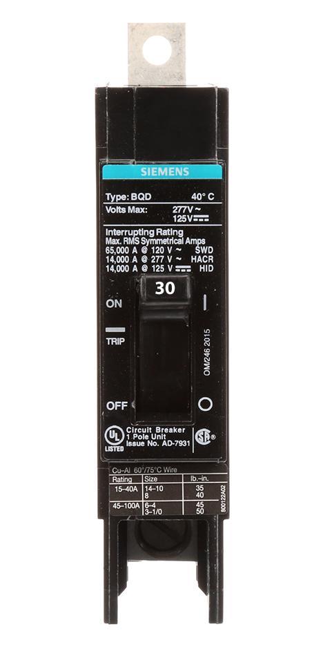 Siemens BQD130 Circuit Breaker | 277V 30A 1 Pole 14kA@277V Bolt-on BQD Series