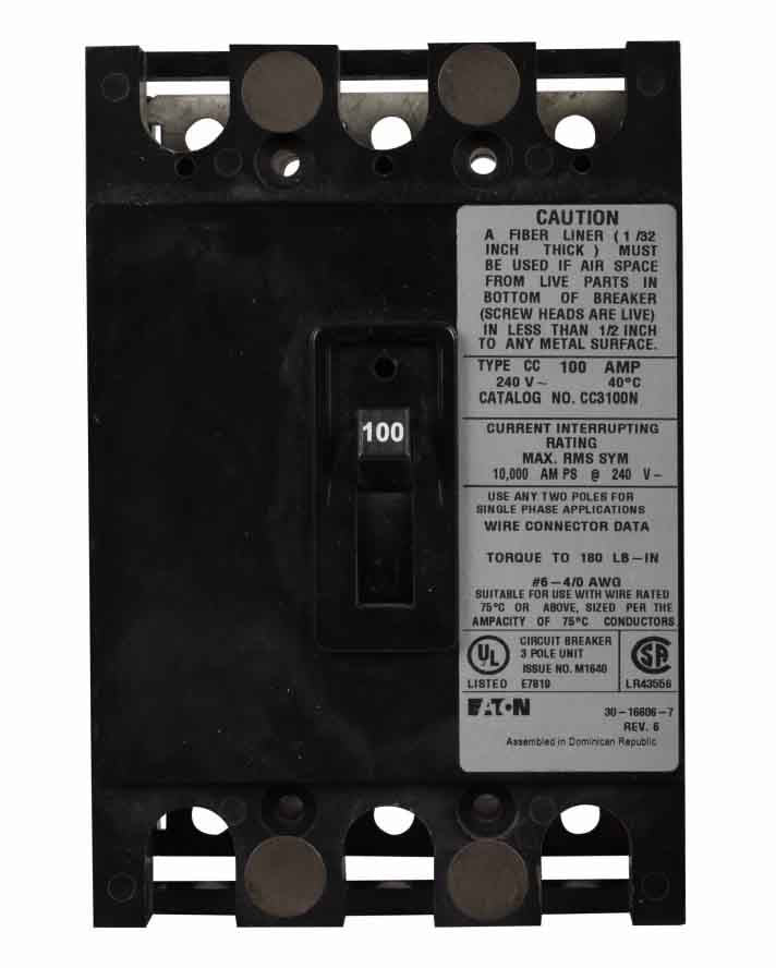 Cutler Hammer CC3100N Circuit Breaker | 240V 100A 3P 10kA@240V Feed-Thru CC Series