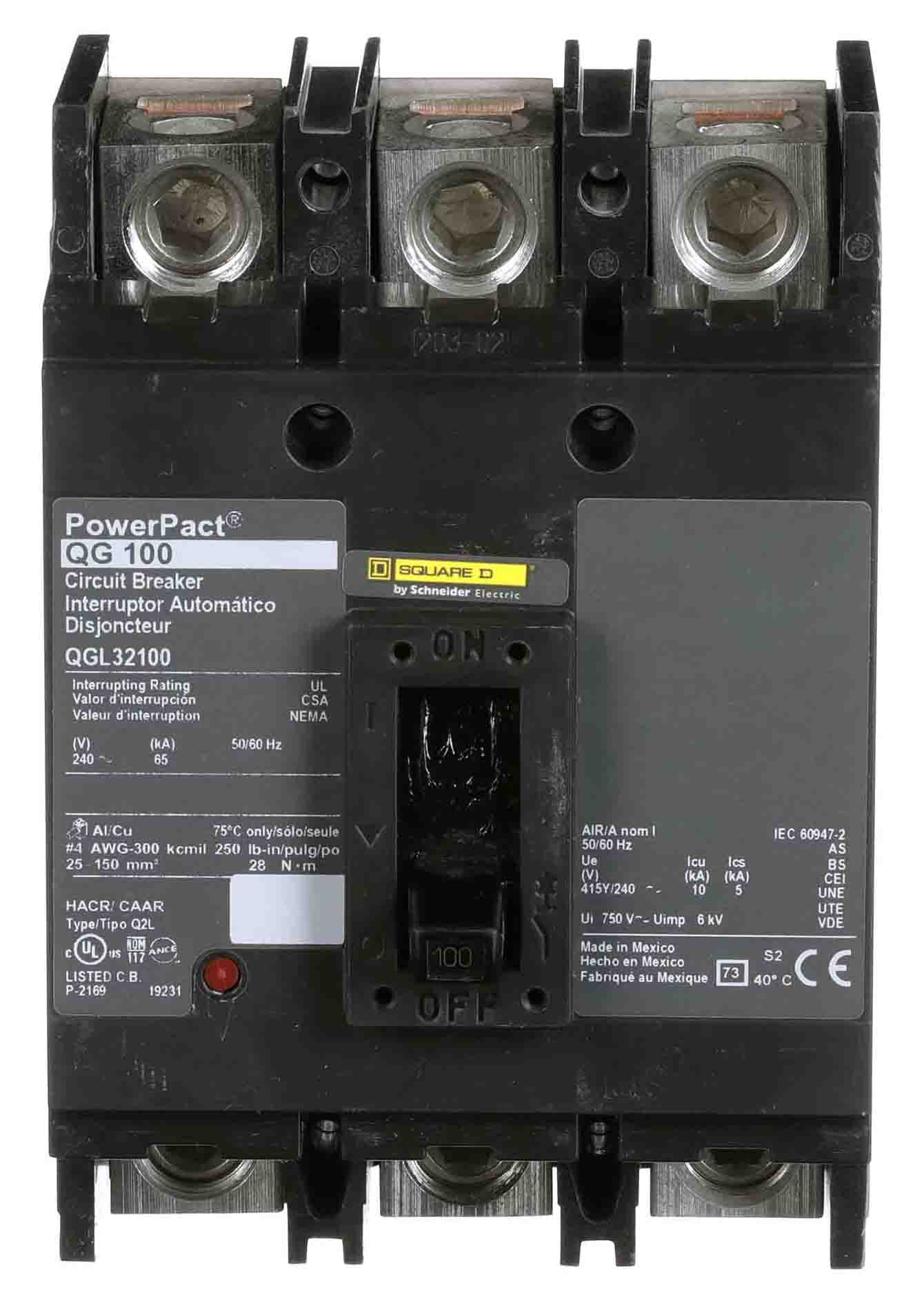 Square D QGL32100 Circuit Breaker | 240V 100A 3P 65kA@240V Feed-Thru QGL Powerpact