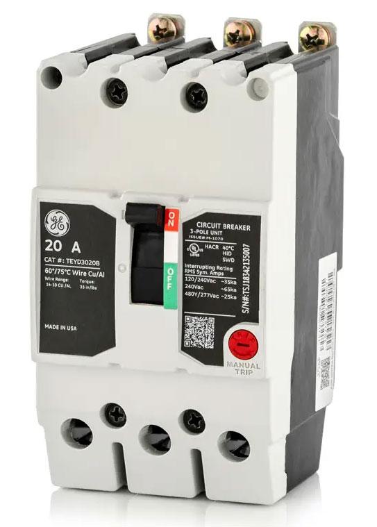 General Electric TEYD3020B Circuit Breaker | 480V 20A 3P 25kA@480V Bolt-on TEYD Series
