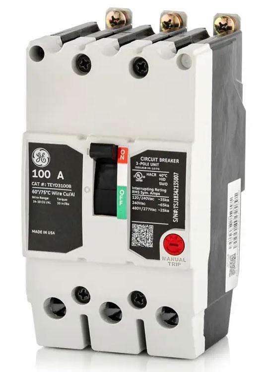 General Electric TEYD3100B Molded Case Circuit Breaker | 480V 100A 3P 25kA@480V Bolt-On TEYD Series