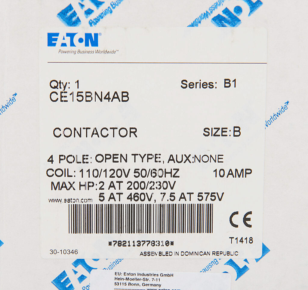 Cutler Hammer CE15BN4AB Contactor 4 pole 3 phase 600V 10A 110V coil