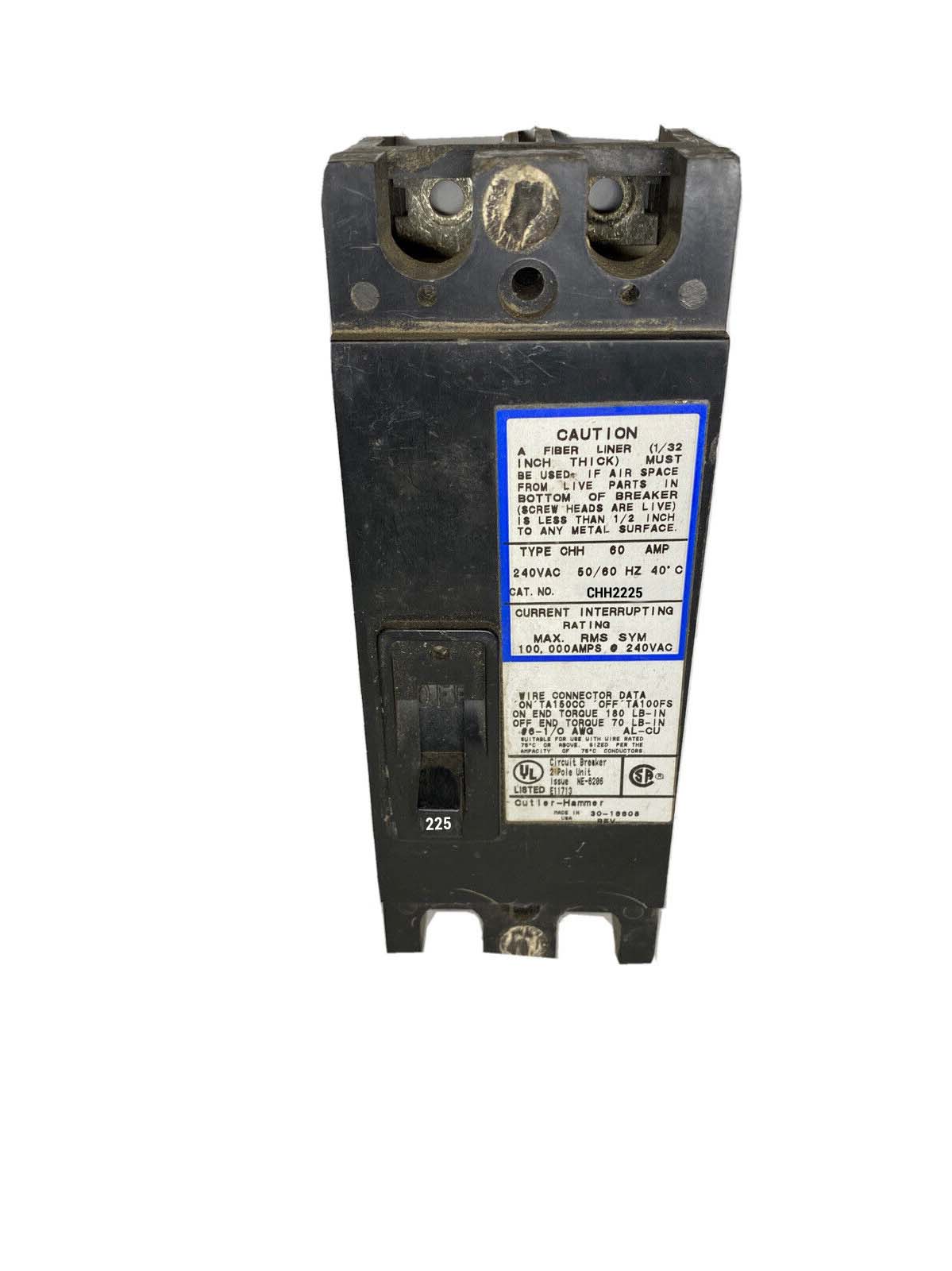 Cutler Hammer CHH2225 Circuit Breaker | 240V 225A 2P 100kA@240V Feed-Thru CHH Series