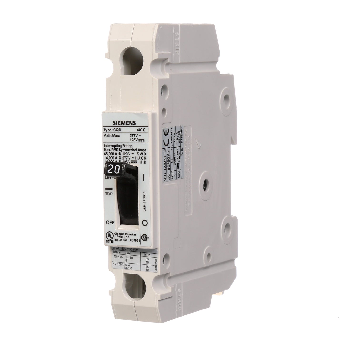 Siemens CQD120 Circuit Breaker | 277V 20A 1P 14kA@277V Feed-Thru CQD Series