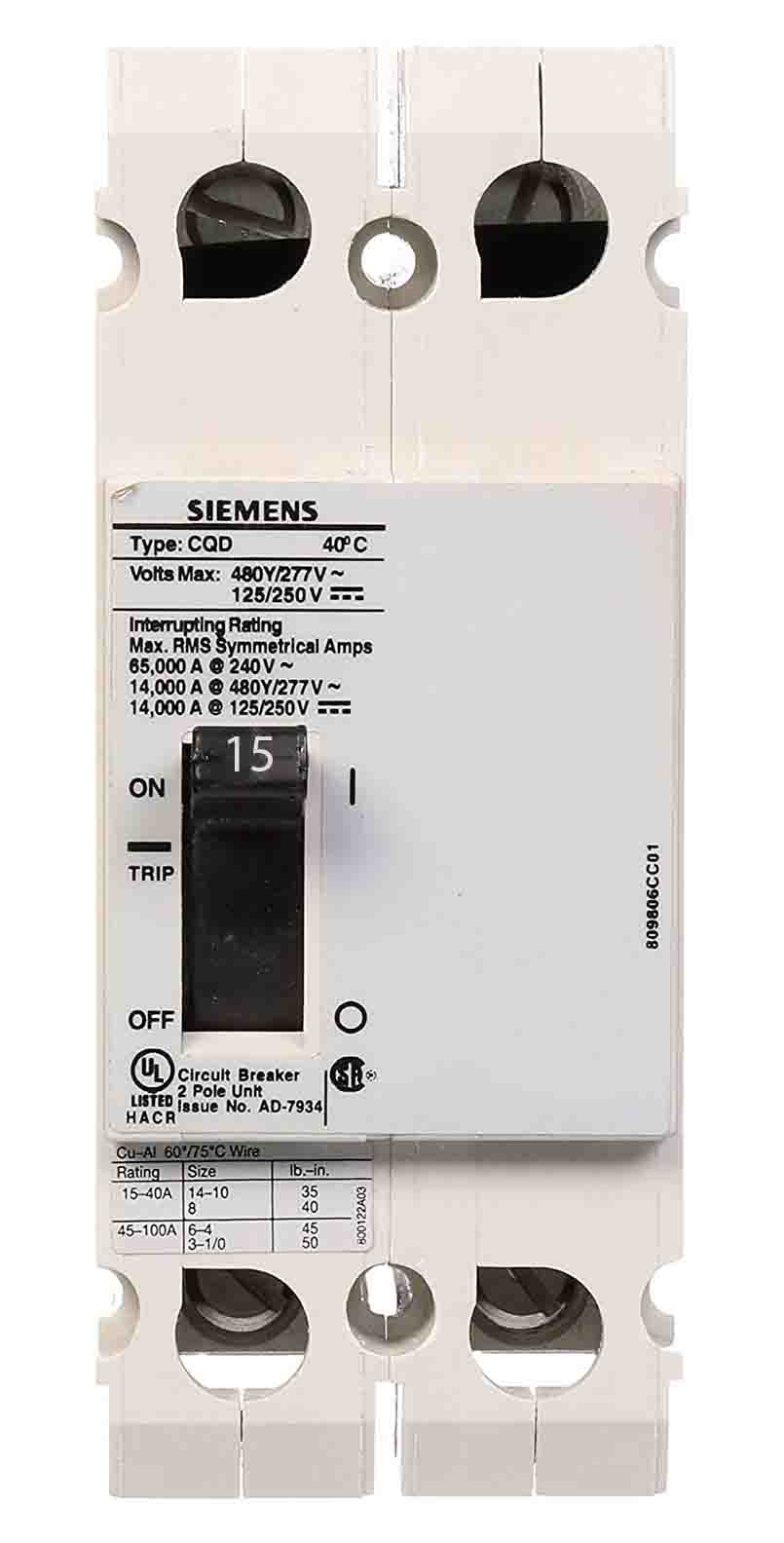 Siemens CQD215 Circuit Breaker | CQD Series CQD 480V 15A