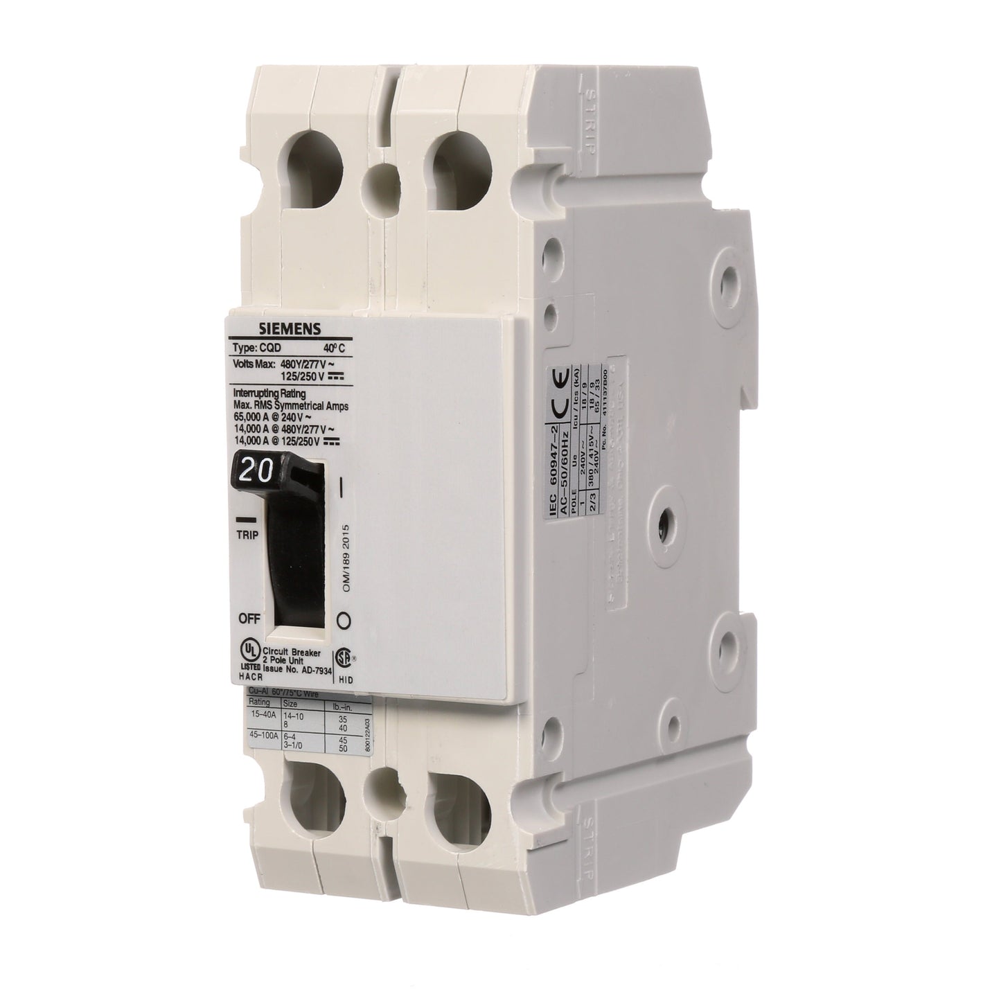 Siemens CQD220 Circuit Breaker | 480V 20A 2P 14kA@480V Feed-Thru CQD Series