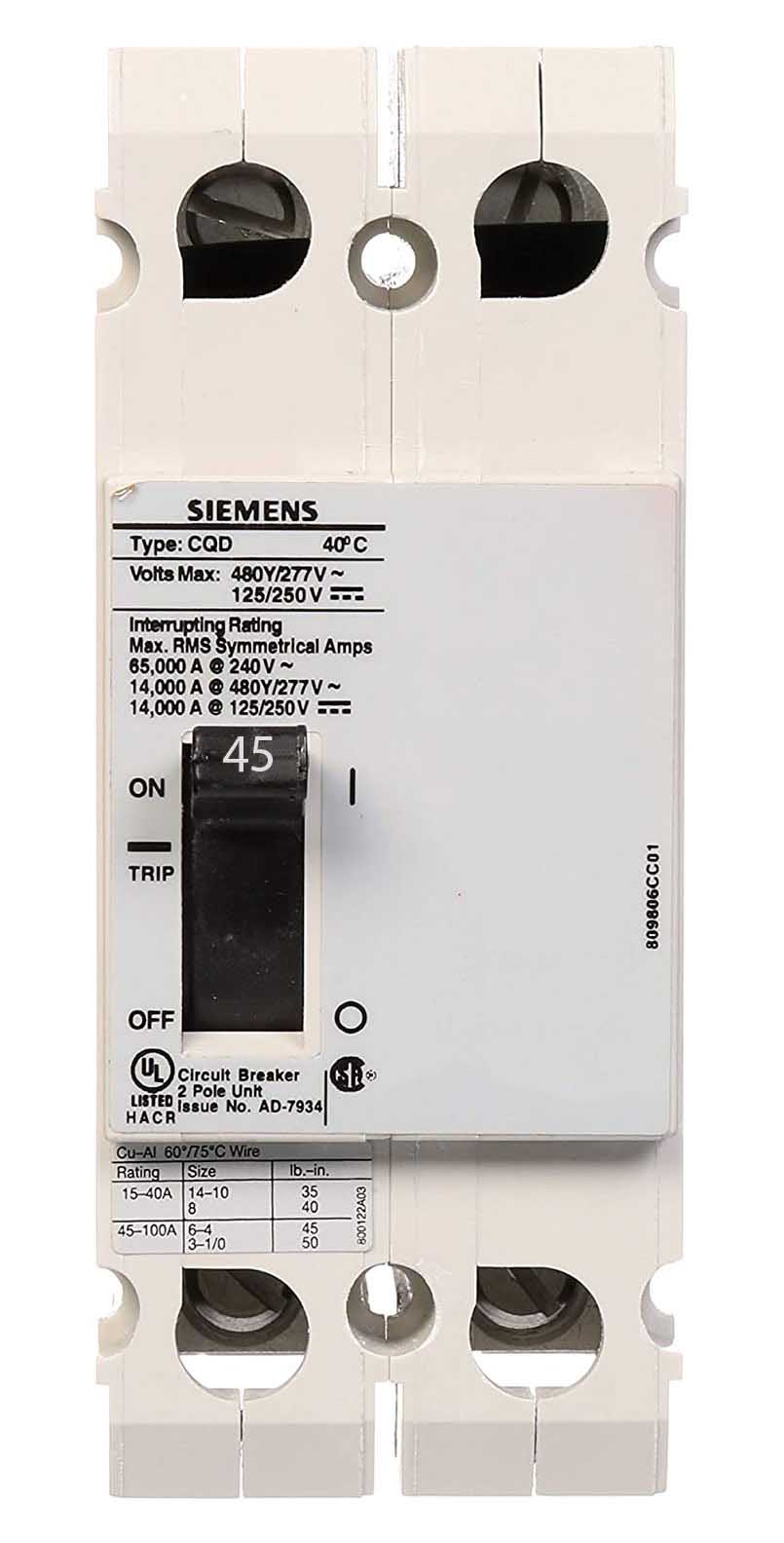 Siemens CQD245 Circuit Breaker | 480V 45A 2P 14kA@480V Feed-Thru CQD Series