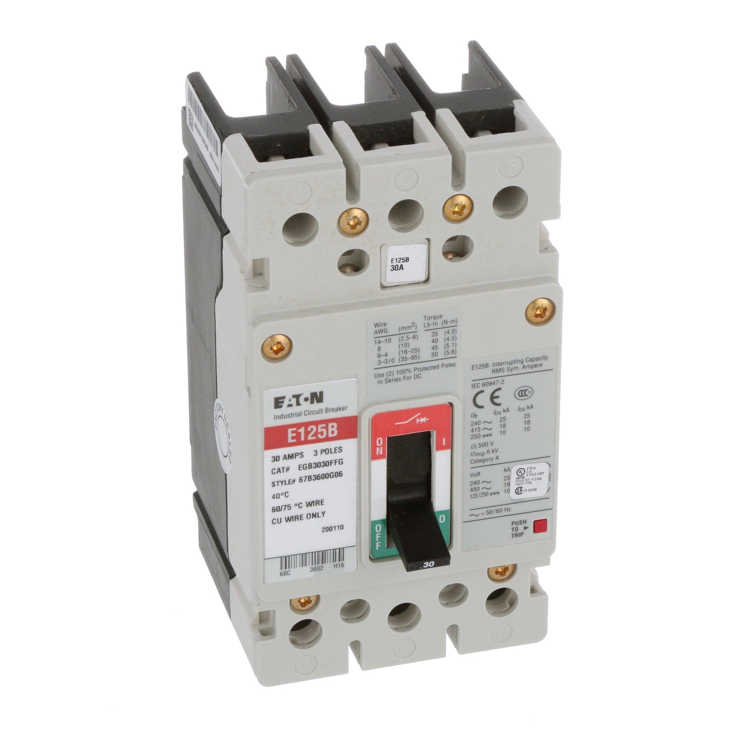 Cutler Hammer EGB3030FFG Circuit Breaker | 480V 30A 3P 18kA@480V Feed-Thru Series G