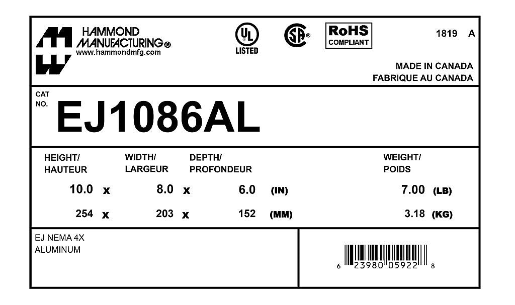 Hammond EJ1086AL Circuit Breaker Enclosure | UL 508A Type 3R 4 4X 12 13 CSA NEMA Type 3R 4 4X 12 13 IEC 60529 IP66