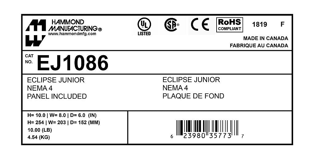 Hammond EJ1086 Circuit Breaker Enclosure | UL 508A Type 3R 4 12 13 Eclipse Junior
