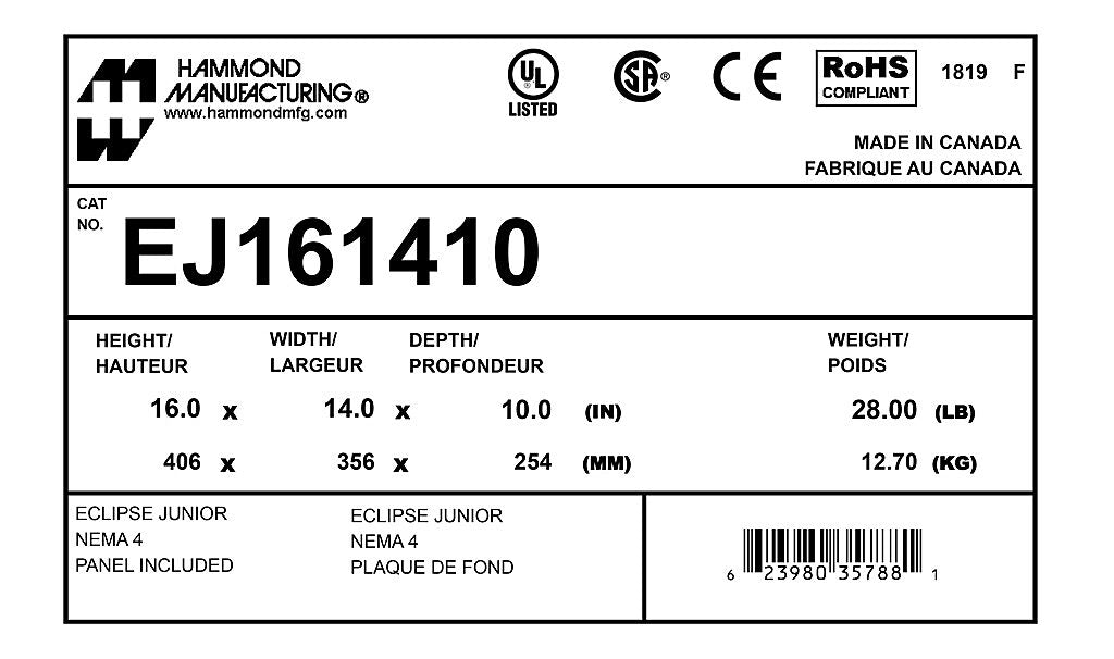 Hammond EJ161410 Circuit Breaker Enclosure | UL 508A Type 3R 4 12 13 CSA NEMA Type 3R 4 12 13 IEC 60529 IP66