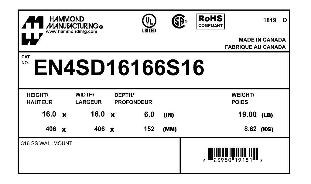 Hammond EN4SD16166S16 Circuit Breaker Enclosure | UL 508A Type 3R 4 4X 12 CSA Type 3R 4 4X 12 NEMA 3R 4 4X 12 13 IEC 60529 IP 66
