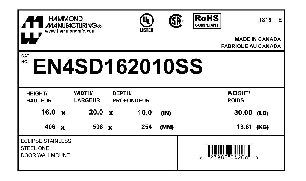 Hammond EN4SD162010SS Circuit Breaker Enclosure | UL 508A Type 3R 4 4X 12 CSA Type 3R 4 4X 12 NEMA 3R 4 4X 12 13 IEC 60529 IP 66