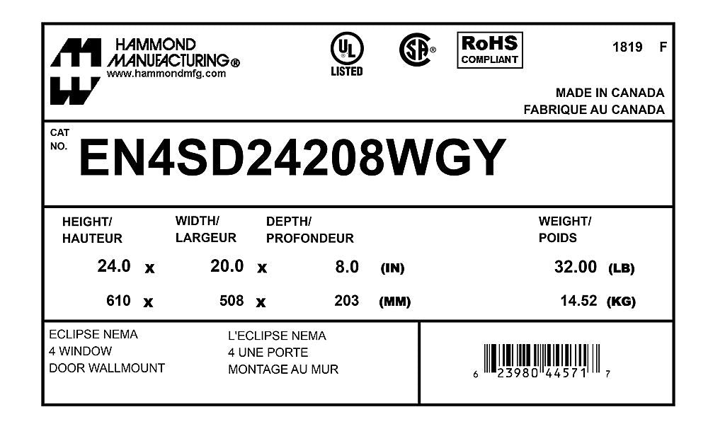 Hammond EN4SD24208WGY Circuit Breaker Enclosure | UL 508A Type 3R 4 12 CSA Type 3R 4 12 NEMA 3R 4 12 IEC 60529 IP66