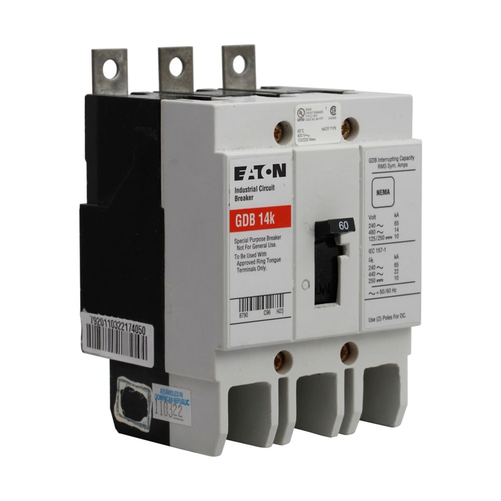 Eaton GDB3060D Circuit Breaker | 480V 60A 3P 14kA@480V Bolt-On Series C