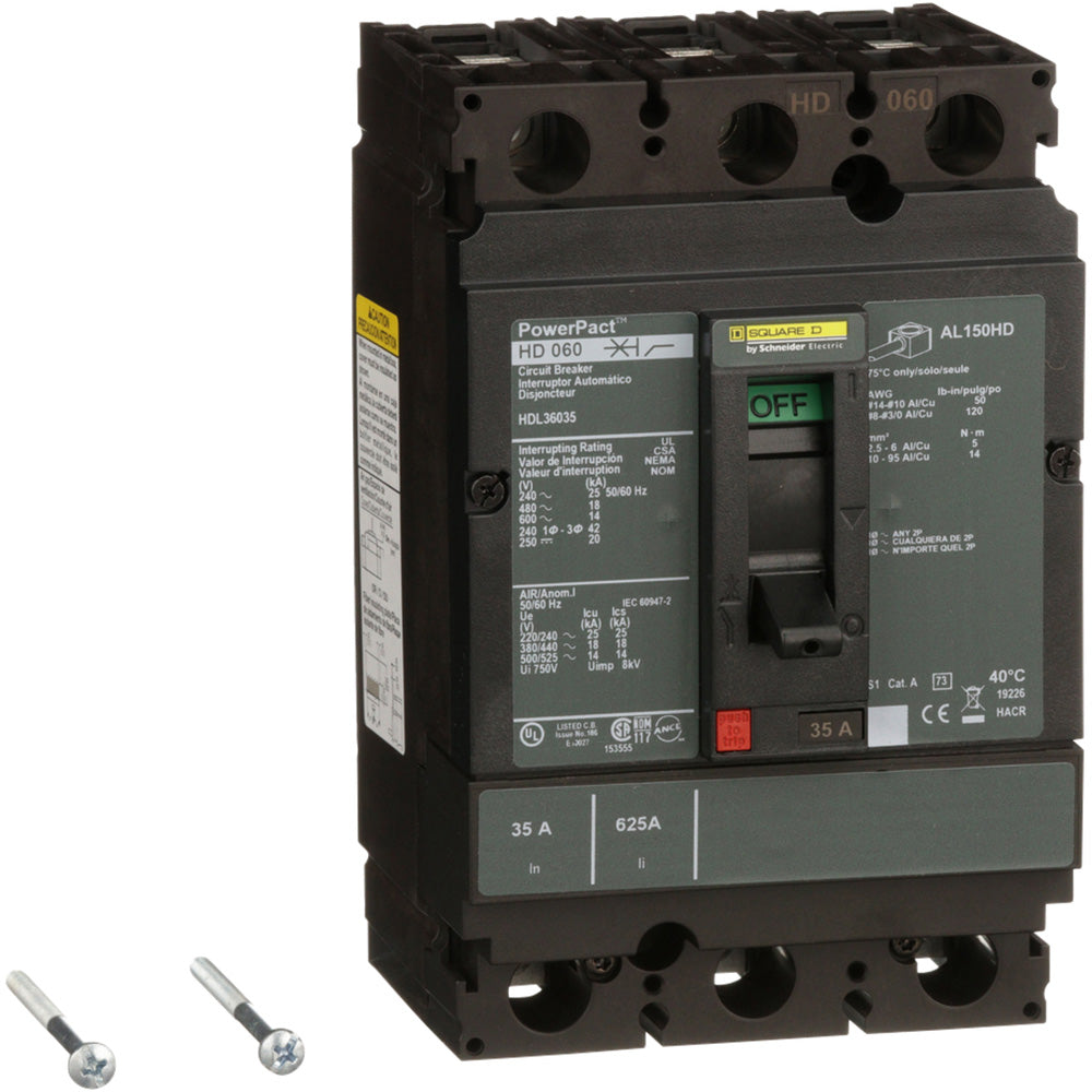 Square D HDL36035 Circuit Breaker | 600V 35A 3P 18kA@480V Bolt-On Powerpact