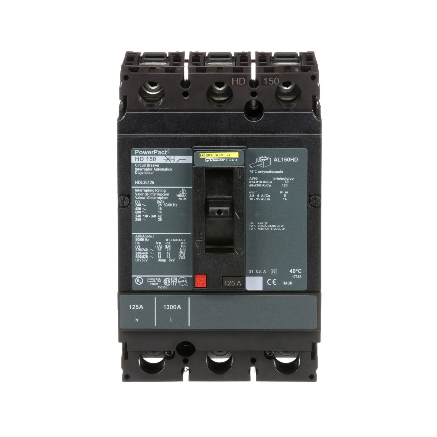 Square D HDL36125 Circuit Breaker | 600V 125A 3P 18kA@480V Feed-Thru Powerpact