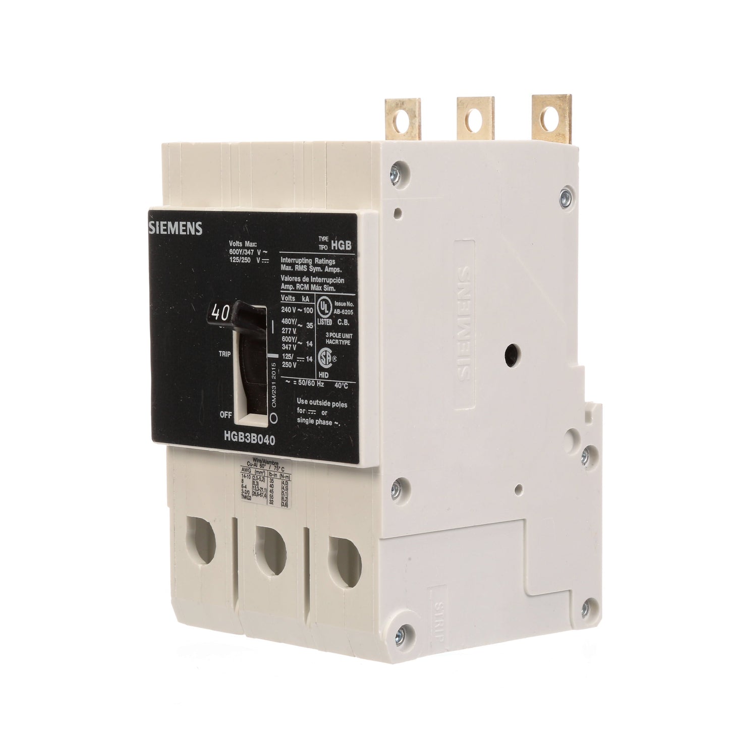 Siemens HGB3B040B Molded Case Circuit Breaker | 600V 40A 3P 100kA@240V Bolt-On VL Series