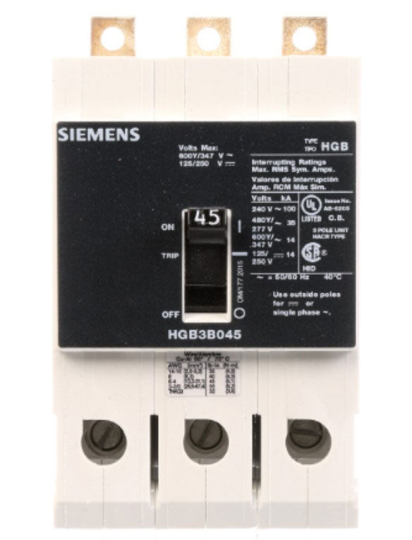 Siemens HGB3B045B Molded Case Circuit Breaker | 600V 45A 3P 100kA@240V Bolt-On VL Series
