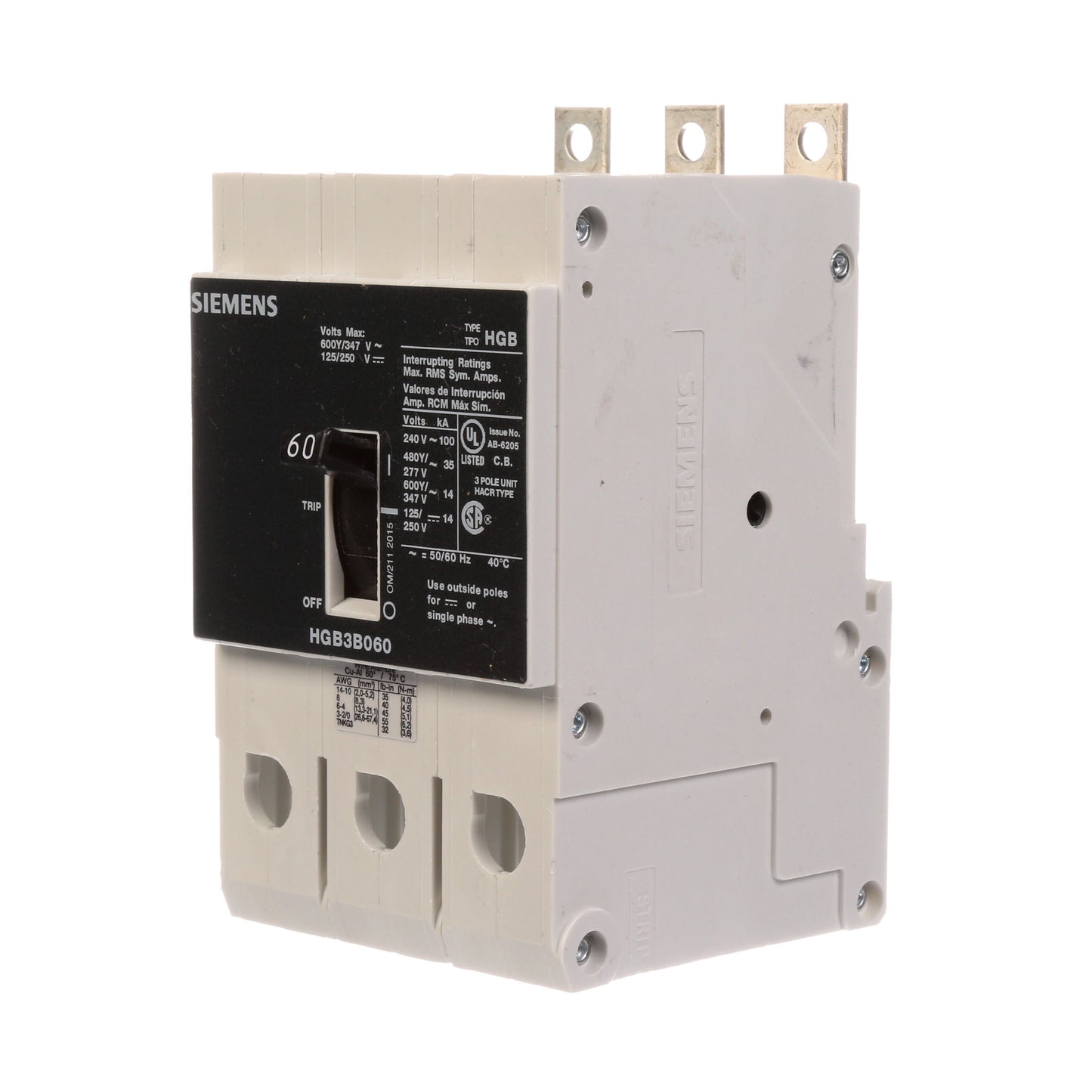 Siemens HGB3B060B Molded Case Circuit Breaker | 600V 60A 3P 100kA@240V Bolt-On VL Series