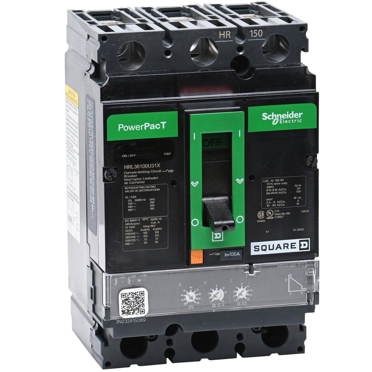 Square D HRL36100U31X Circuit Breaker | 600V 100A 3P 200kA@480V Feed-Thru Powerpact