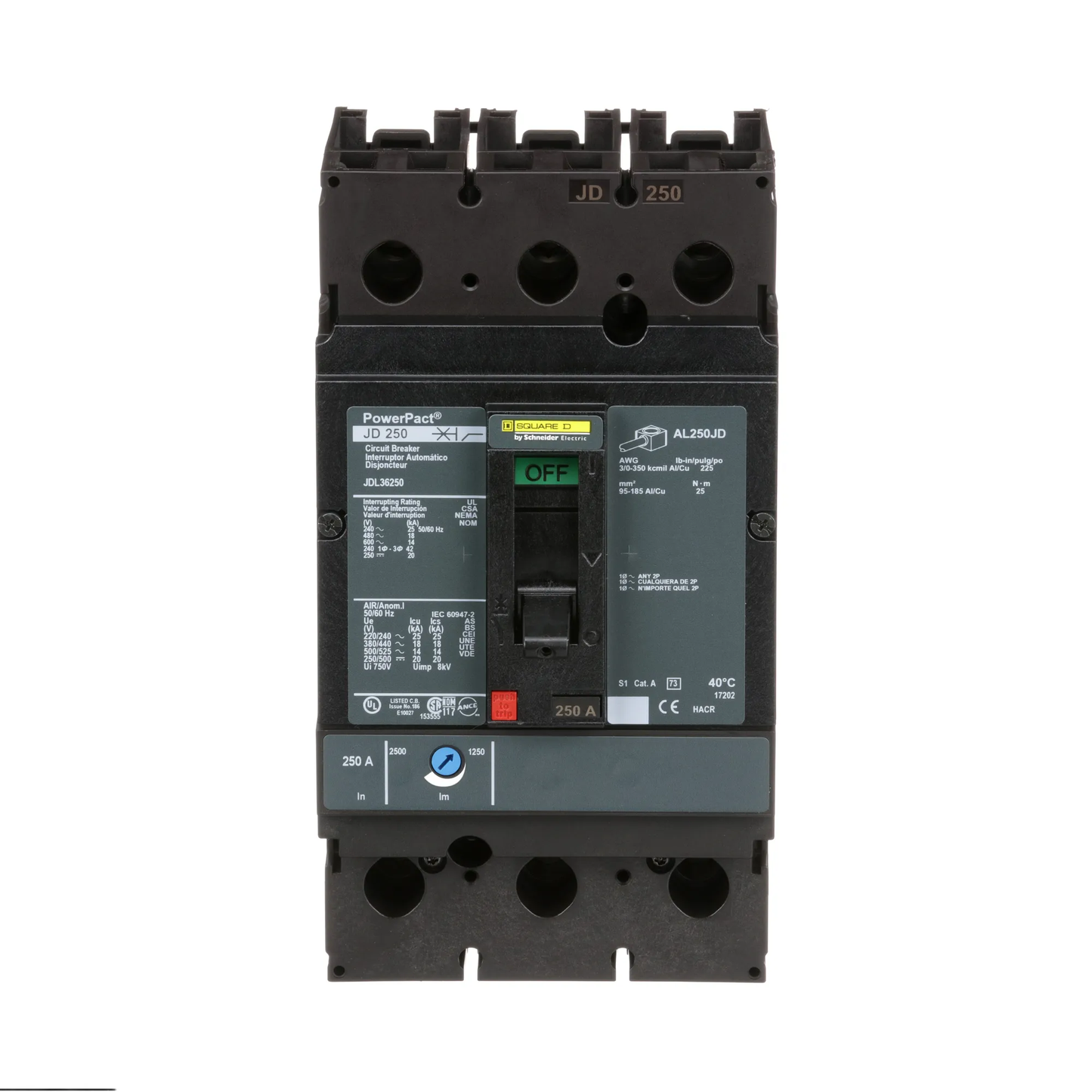Square D JDL36250 Circuit Breaker | 600V 250A 3P 18kA@480V Feed-Thru Powerpact