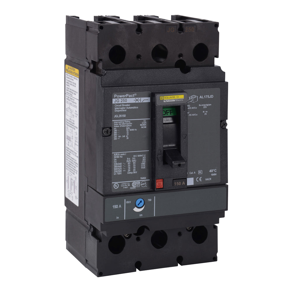 Square D JGL26150 Circuit Breaker | 600V 150A 2P 35kA@480V Feed-Thru Powerpact JGL