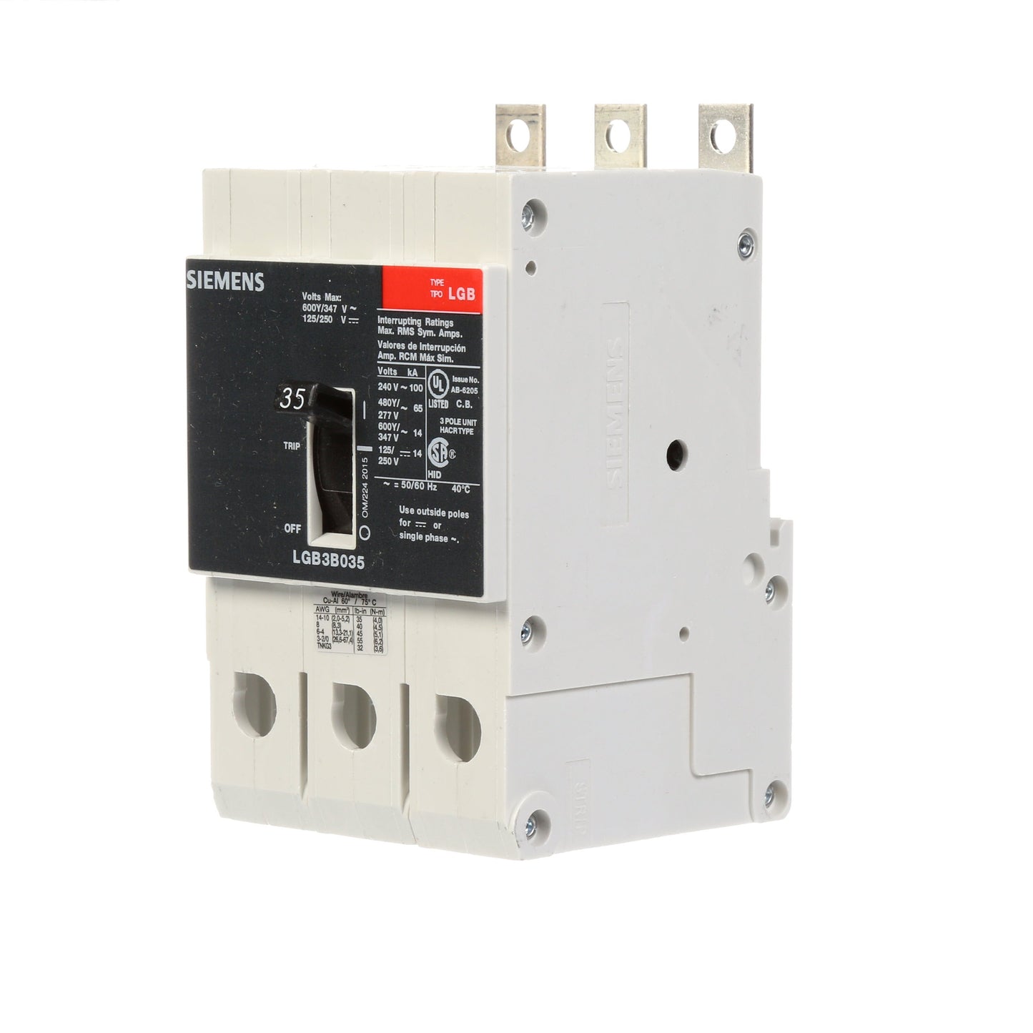 Siemens LGB3B035B Molded Case Circuit Breaker | 600V 35A 3P 100kA@240V Bolt-On VL Series