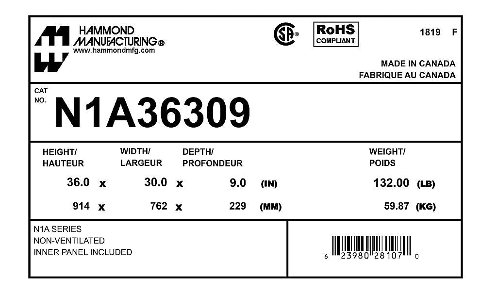 Hammond N1A36309 Circuit Breaker Enclosure | UL 50 Type 1 CSA Type 1 NEMA Type 1 IEC 60529 IP20