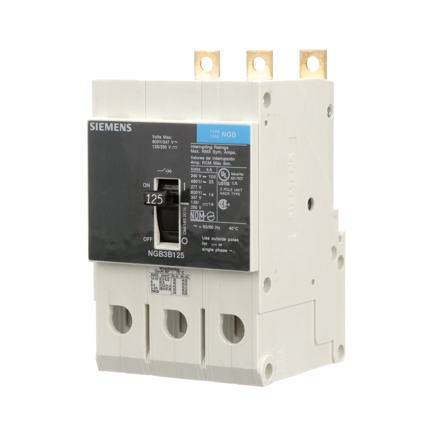 Siemens NGB3B125V Circuit Breaker | 600V 125A 3P 25kA@480V Bolt-On VL Series