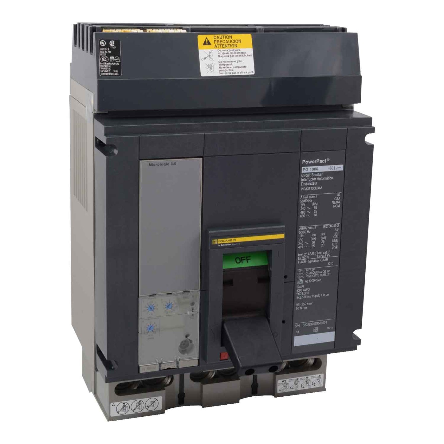 Schneider Electric PLA34100U44A Molded Case Circuit Breaker | 480V 1000A 3P 100kA@480V I-Line Style Plug-In LSIG Powerpact