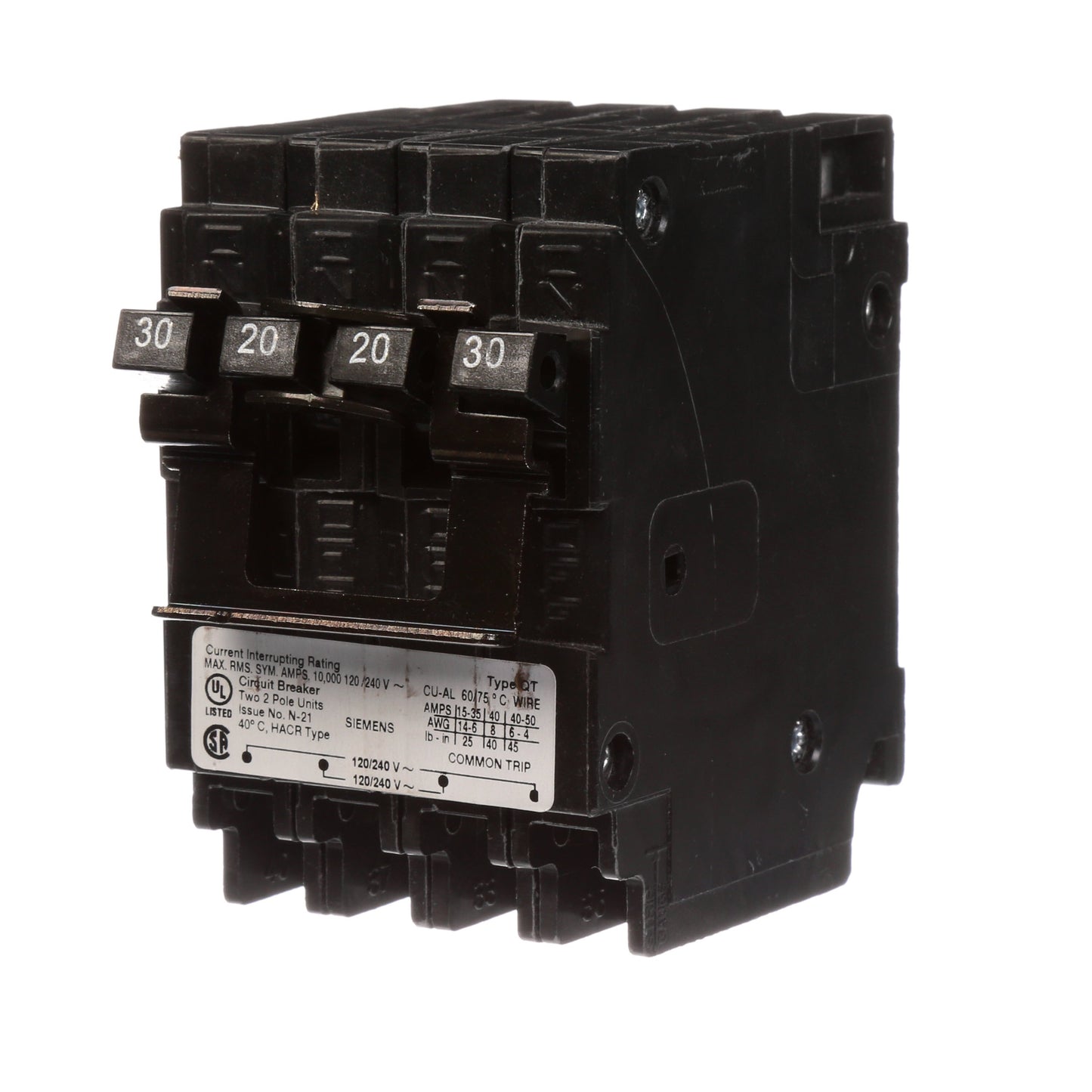 Siemens Q23020CT2NC Circuit Breaker | 240V 30A 4P 10kA@240V Plug-In QT Quadplex