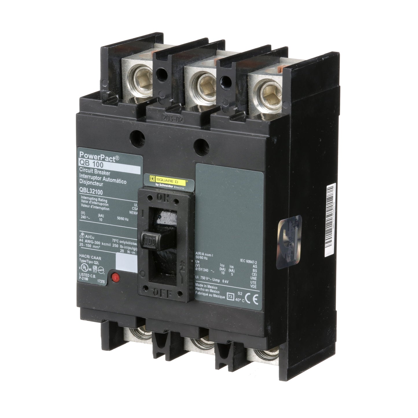 Square D QBL32100 Circuit Breaker | 240V 100A 3P 10kA@240V Feed-Thru Powerpact