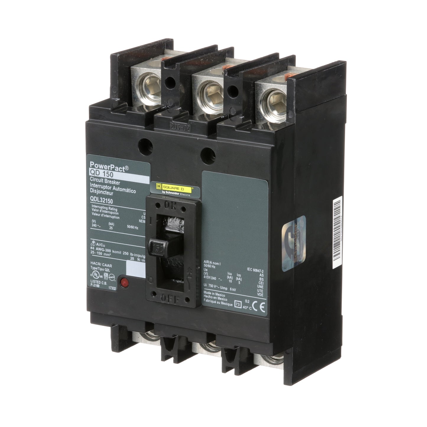 Square D QDL32150 Circuit Breaker | 240V 150A 3P 25kA@240V Bolt-On Powerpact QDL