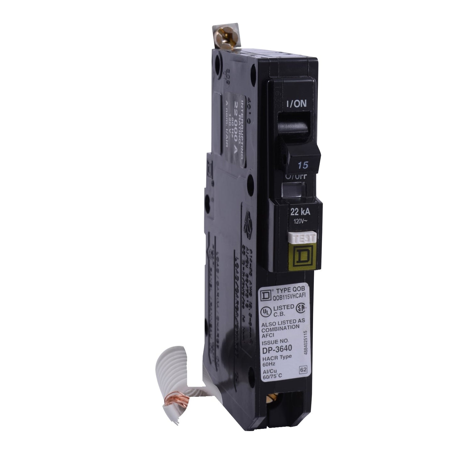 Square D QOB115VHAFI Circuit Breaker | 120V 15A 1P 22kA@120V Bolt-On QOB Series