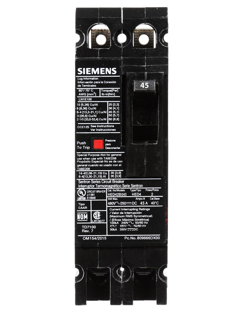 Siemens HED42B045L Circuit Breaker | 480V 45A 2P 42kA@480V Bolt-On Sentron Series