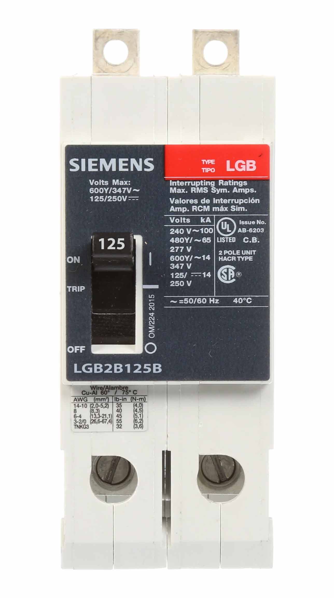 Siemens LGB2B125B Circuit Breaker | 600V 125A 2P 100kA@240V Bolt-On VL Series