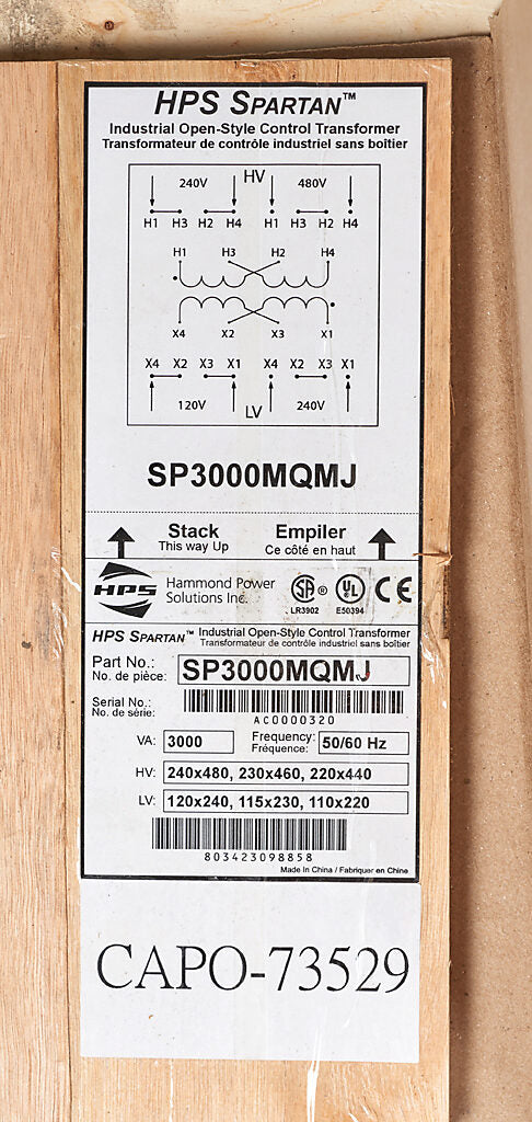 Hammond Power Solutions SP3000MQMJ Transformer | 3.54 kVA 240x480V 120x240V Seismic OSHPD Compliant