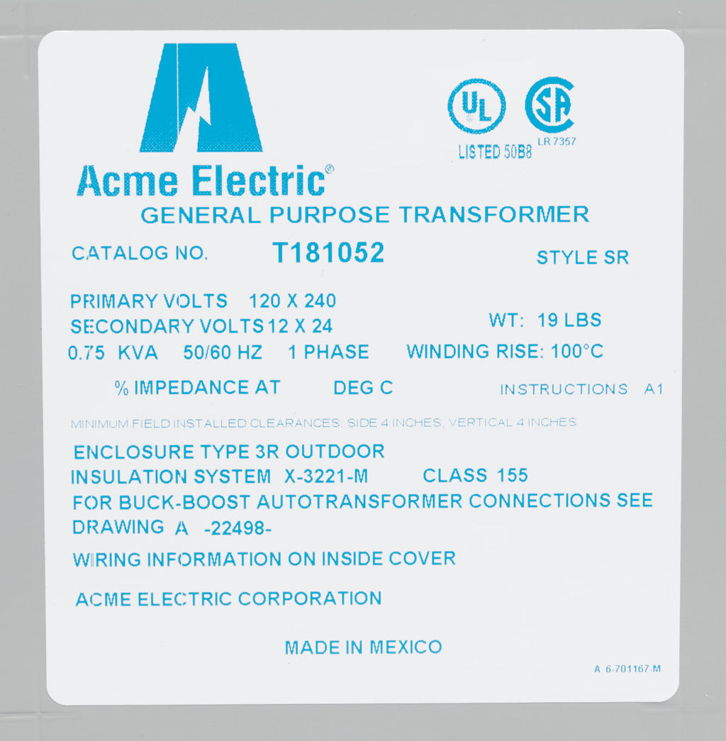 ACME T181052 Transformer | 750VA 120x240V 1P Outdoor NEMA 3R