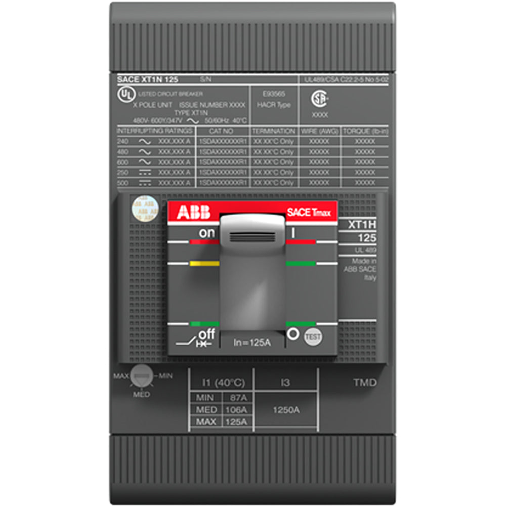 ABB XT1HU3100AFD000XXX Circuit Breaker | 100A 3P 480V 65kA Bolt-On Thermal-Magnetic Tmax XT