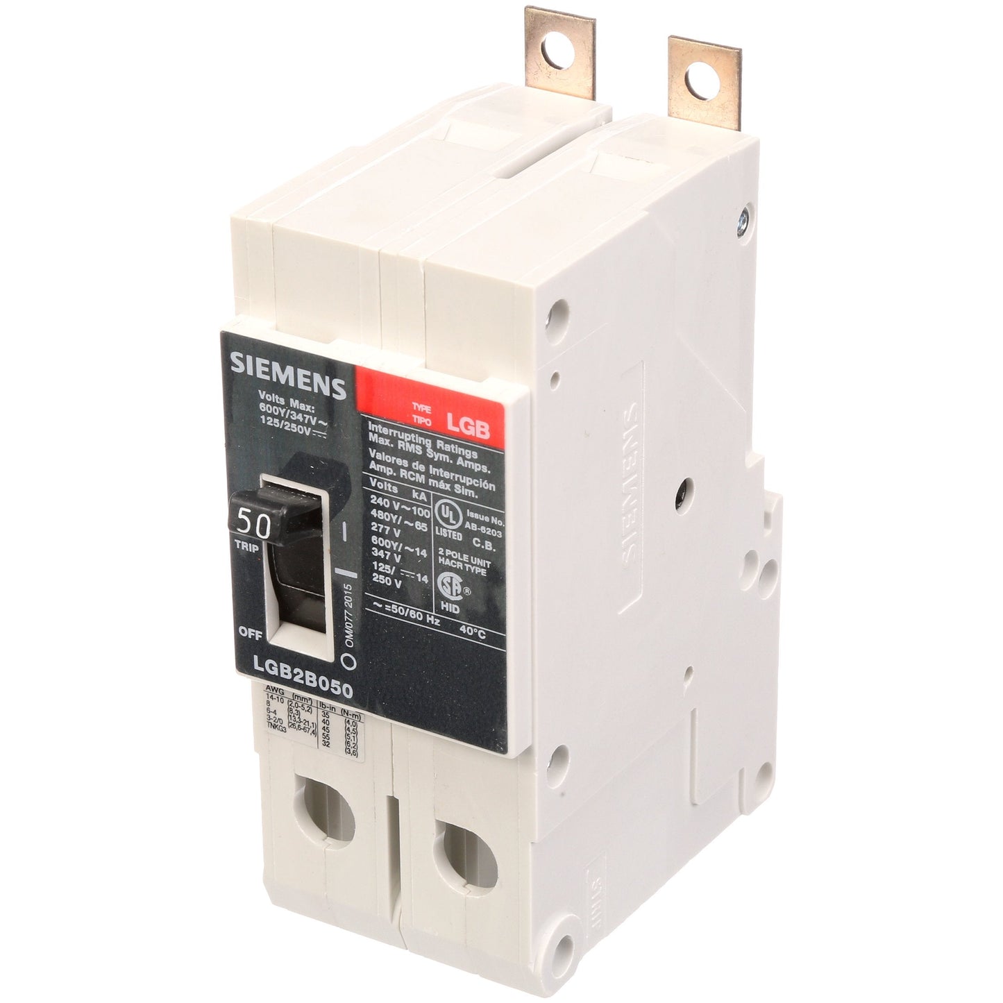 Siemens LGB2B080B Circuit Breaker | 600V 80A 2P 100kA@240V Bolt-On VL Series
