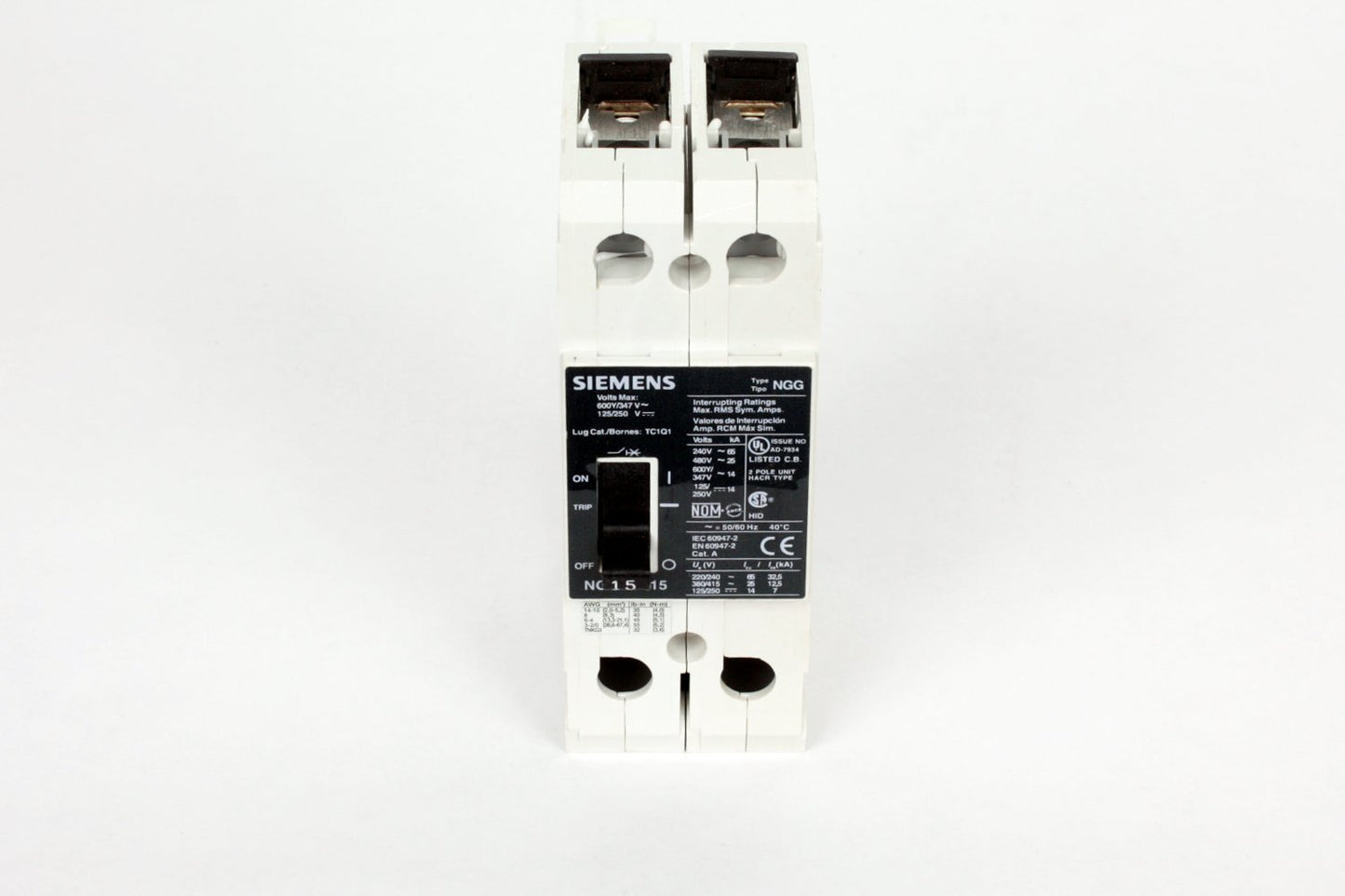 Siemens NGG2B015L Molded Case Circuit Breaker | 600V 15A 2P 25kA@480V Feed-Thru VL Series